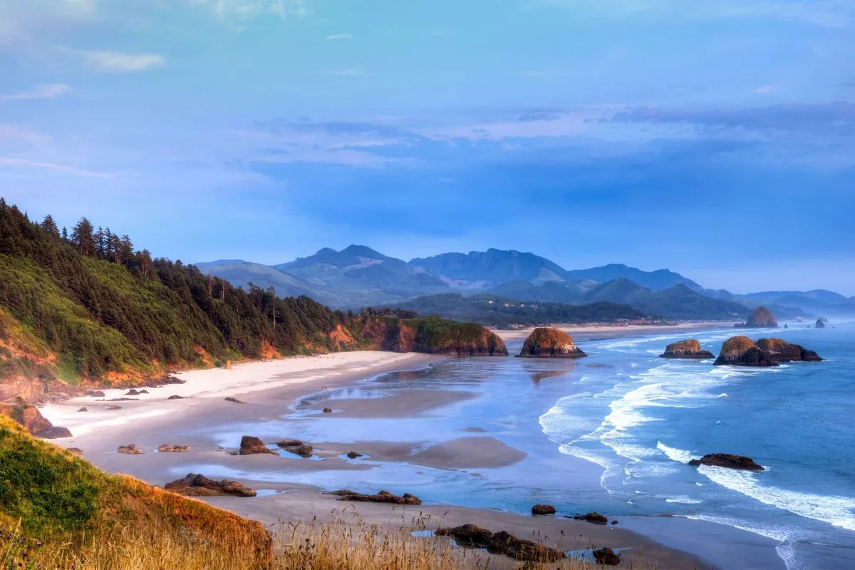A breathtaking coastal view featuring rugged rock formations, sandy beach, rolling ocean waves, and a mountain backdrop. The expansive scene invites exploration, evoking activities like tide pooling, beach walks, and watching sunsets or storms.